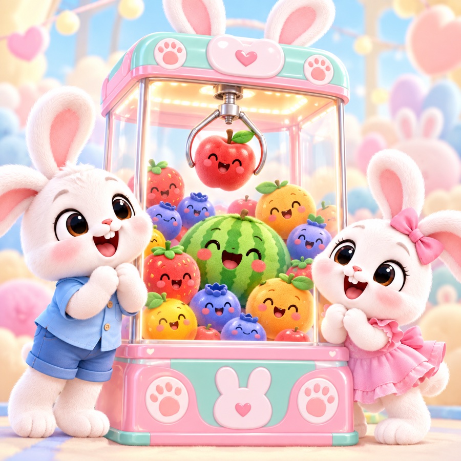 Bunny Drop artwork: two bunnies and a fruit-filled claw machine