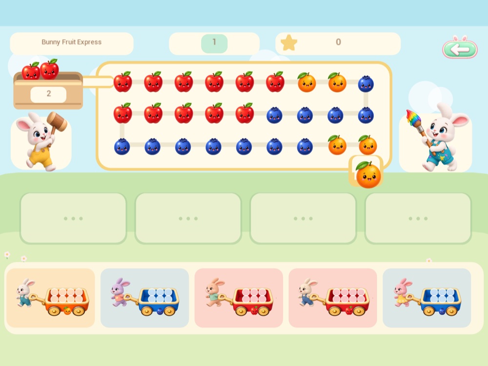Fruit Express gameplay with a winding fruit queue and waiting wagons