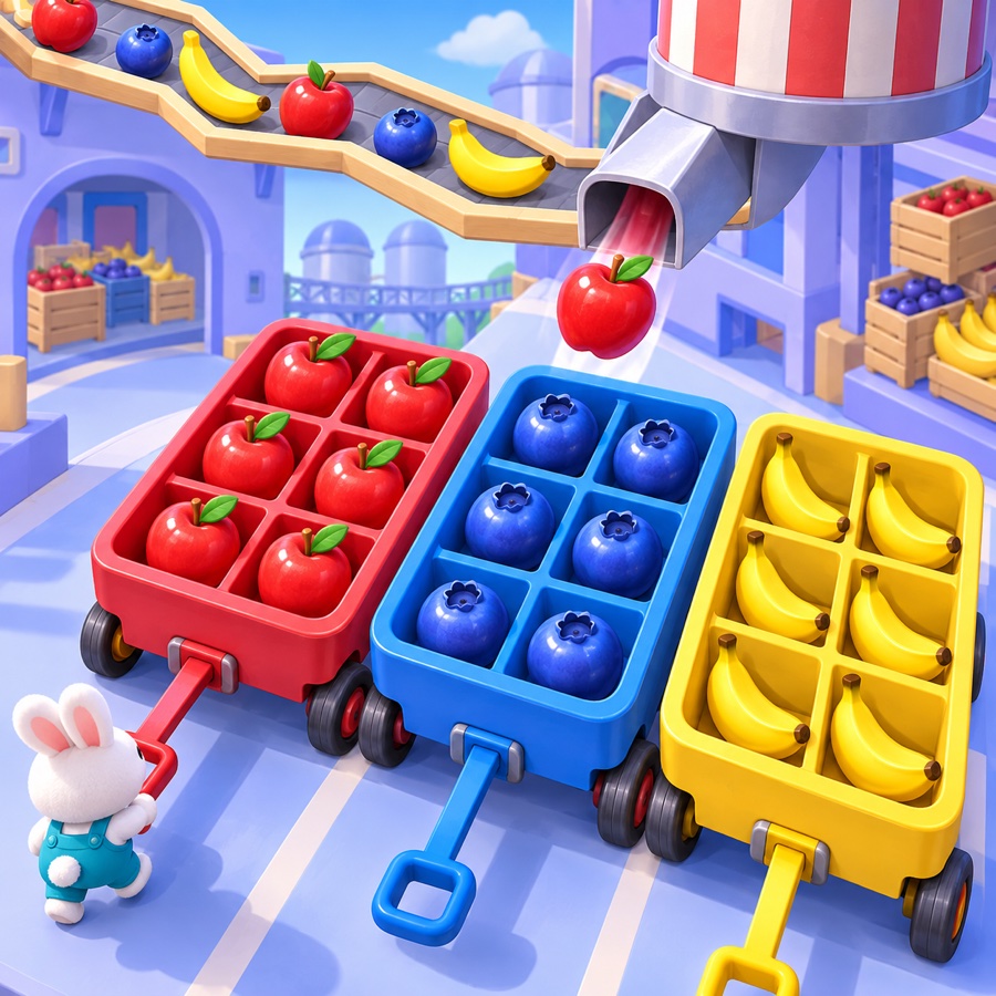 Fruit Express artwork with bunnies, colorful wagons, and a winding fruit chute