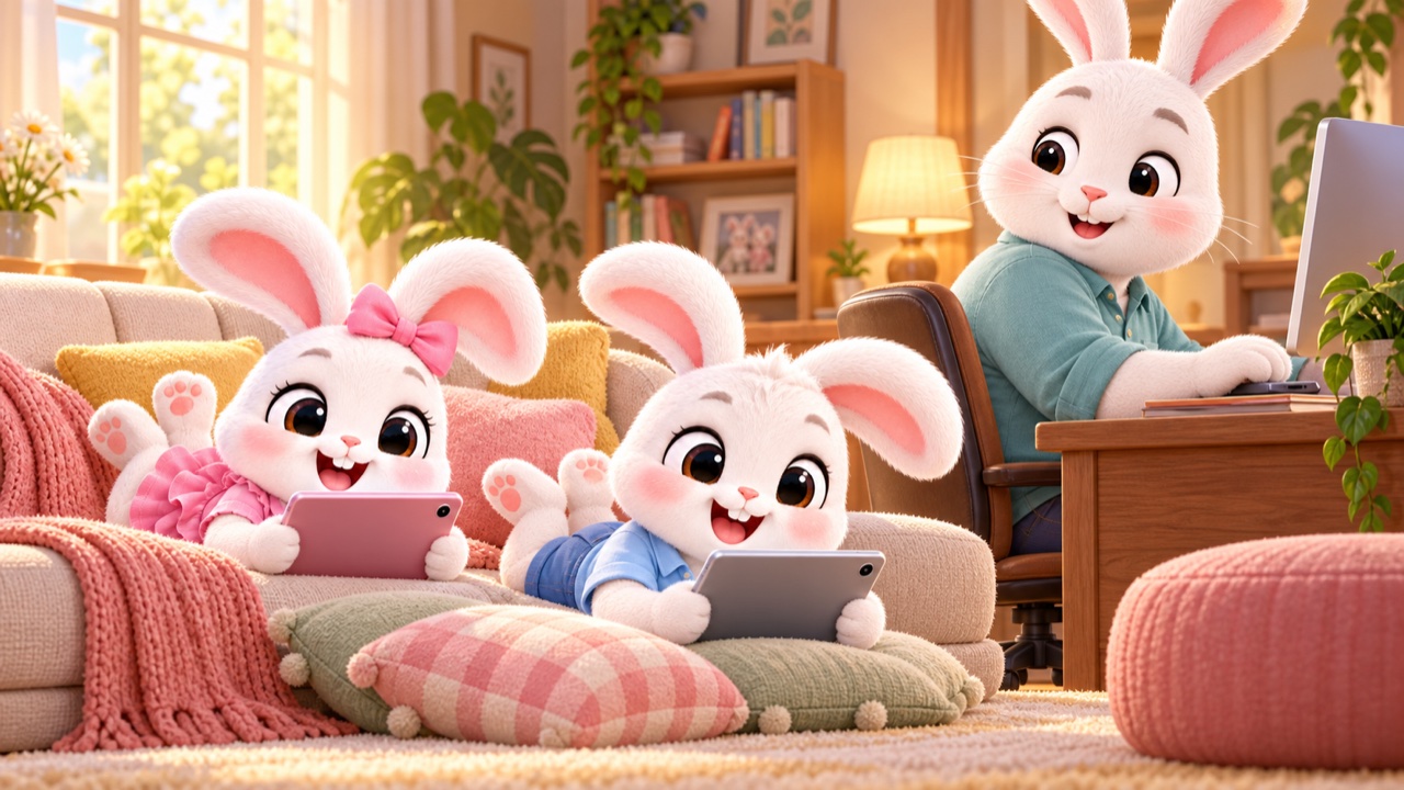 Bunny-family illustration: two little bunnies playing while Daddy Bunny works at his computer