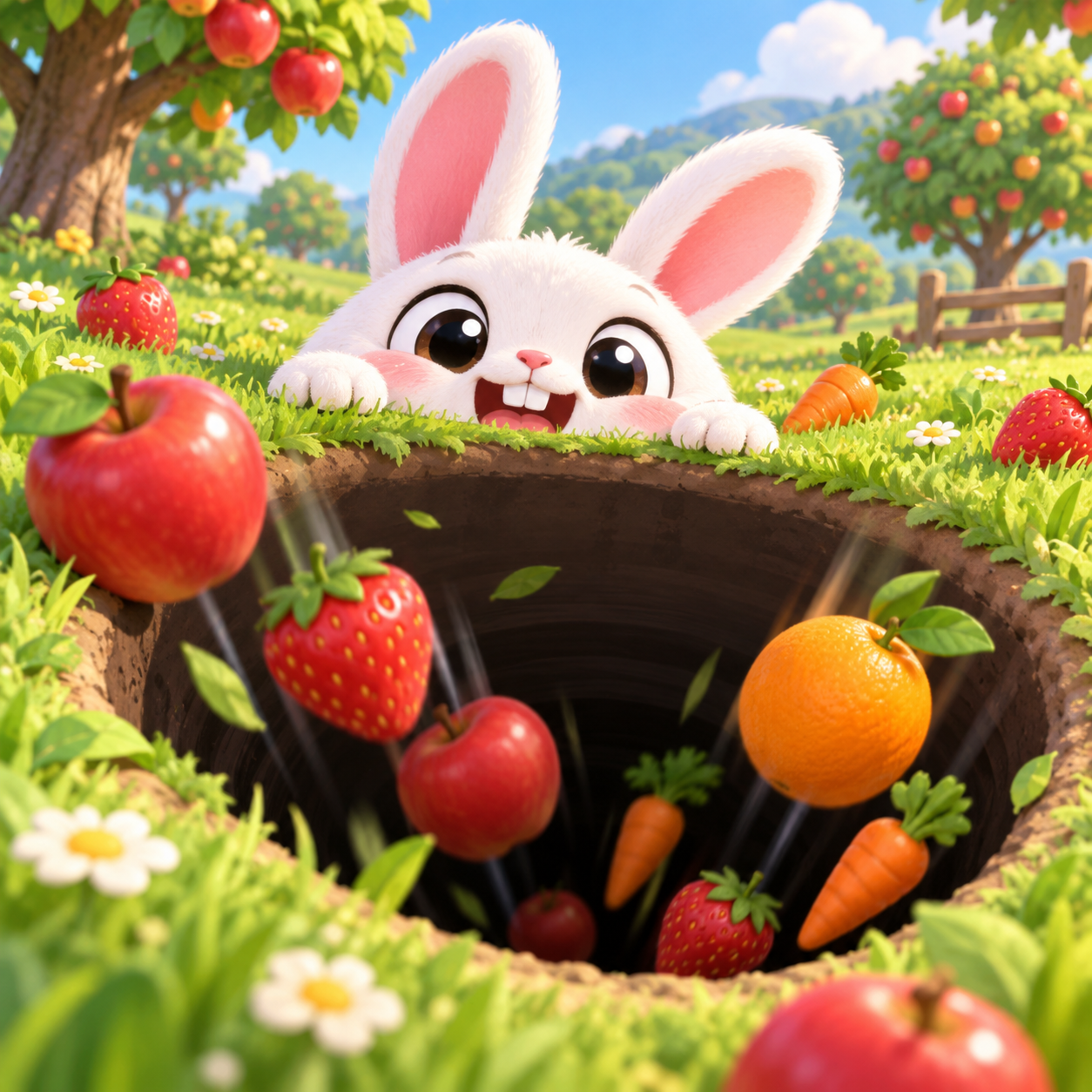 Hungry Bunny artwork showing a bunny-shaped hole swallowing fruit