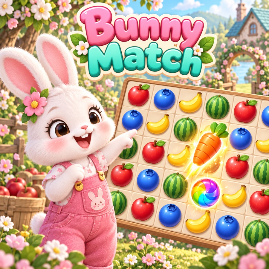 Bunny Match artwork: a bunny and bright fruit puzzle pieces