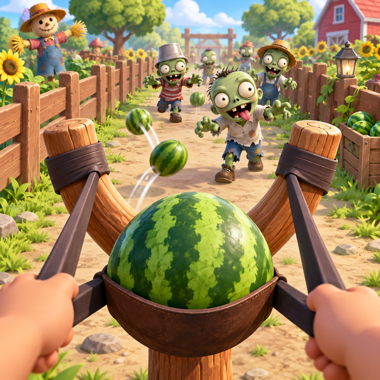 A watermelon slingshot facing a road of silly zombies