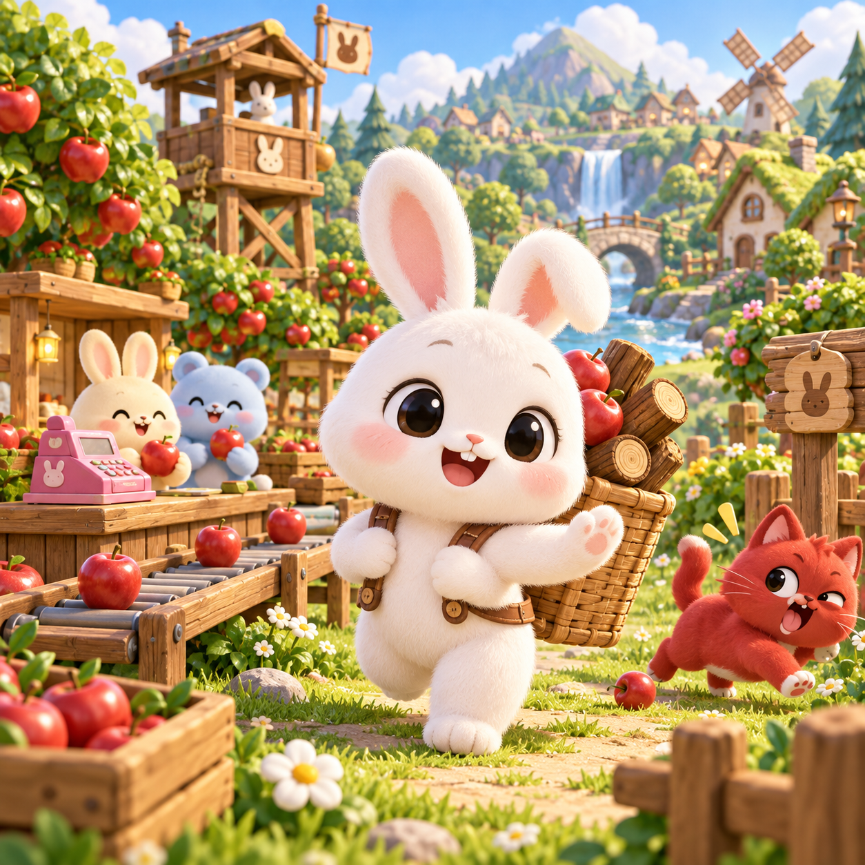 A thriving bunny village with farms and colorful workshops