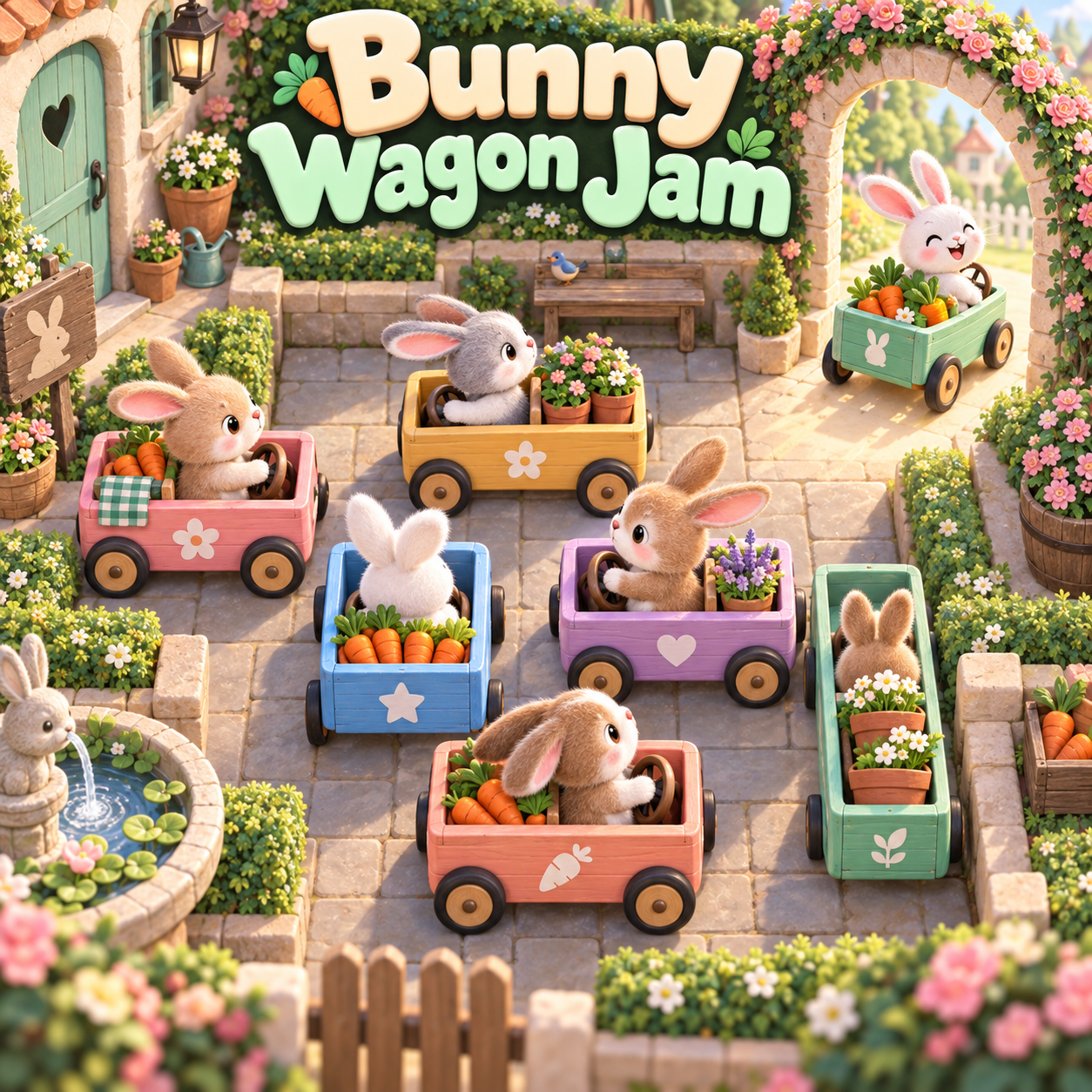 Cute bunnies pulling wagons through a garden traffic jam